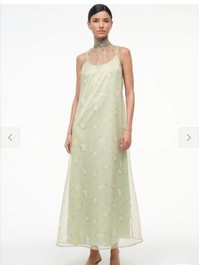 STAUD ALBEE DRESS BOTANICAL MOSS — Sheer Floral Slip Maxi Dress in Light Green